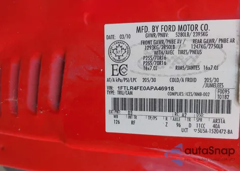 2010 Ford Ranger Sport/Xlt из США, поврежденный, VIN 1FTLR4FE0APA46918